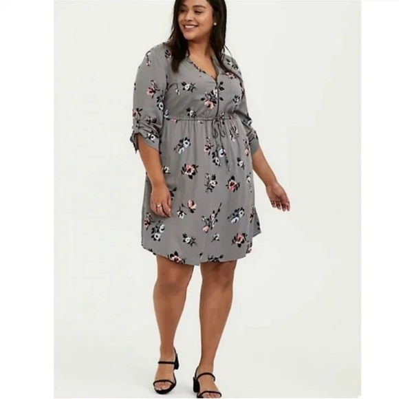 Torrid Floral Challis Zip Front Drawstring Shirt Dress Longsleeves Medium 10 - Picture 1 of 7